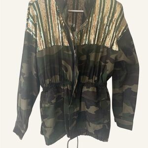 Women Med Sequins Patchwork Bomber Jacket Camouflage full Zip Drawstring waist